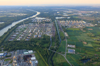Aerial view of Mineral oil refinery Upper Rhine MIRO on the banks of the Rhine from the south in the district Knielingen in Karlsruhe in the state Baden-Wuerttemberg, Germany