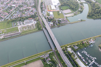 Aerial view of Maxau, Rhine Bridge in the district Knielingen in Karlsruhe in the state Baden-Wuerttemberg, Germany