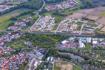 Aerial photograpy of New development area Paul-Klee-Ring and Franz-Marc-Ring from the east in Wörth am Rhein in the state Rhineland-Palatinate, Germany