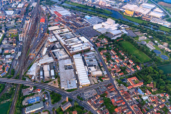 Industrial area Ernst-Sachs-Straße south of the railway with ZF Race Engineering GmbH, ZF Friedrichshafen AG, Plant North and Bosch Rexroth AG in the district Oberndorf in Schweinfurt in the state Bavaria, Germany