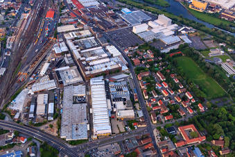 Aerial view of Industrial area Ernst-Sachs-Straße south of the railway with ZF Race Engineering GmbH, ZF Friedrichshafen AG, Plant North and Bosch Rexroth AG in the district Oberndorf in Schweinfurt in the state Bavaria, Germany