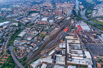 City in the evening around the tracks at the station Schweinfurt from the west in Schweinfurt in the state Bavaria, Germany