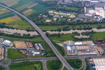 Junction 6 Schweinfurt-Hafen from the A70 before the Main Bridge with B&B HOTEL Schweinfurt-Süd in the district Oberndorf in Schweinfurt in the state Bavaria, Germany