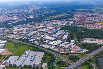 Aerial photograpy of Hafen-Ost industrial area (Friedrich-Rätzer-Straße and Silbersteinstraße) in the evening with MediaMarkt Schweinfurt, Kunststofftechnik Ros GmbH & Co. KG and MAINCOR Rohrsysteme GmbH & Co. KG in Schweinfurt in the state Bavaria, Germany