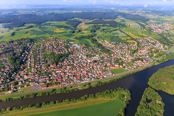 Village view from the north at the mouth of the Regnitz into the Main with Bischberg fishing harbor and sports field of FC Bischberg eV in Bischberg in the state Bavaria, Germany