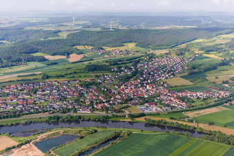 Aerial view of Village on the river bank areas of the Main river in Viereth-Trunstadt in the state Bavaria, Germany
