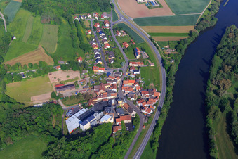 Aerial view of River banks of the Main from the southeast with Eschenbacher Privatbrauerei GmbH Haus Wagner in the district Eschenbach in Eltmann in the state Bavaria, Germany