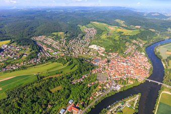 Village overview on the banks of the Main from the northeast with Main Bridge for the B26 and Yacht Club Eltmann eV in Eltmann in the state Bavaria, Germany