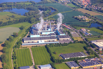 Industrial area Eltmann between A70 and B26 with paper factory Palm GmbH & Co. | Plant Eltmann and Schwarzmüller Deutschland GmbH in the district Limbach in Eltmann in the state Bavaria, Germany