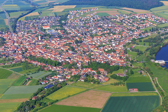 View of the town south of the Main from the east with Dreiberg School Knetzgau and AWO Senior Center Knetzgau in Knetzgau in the state Bavaria, Germany