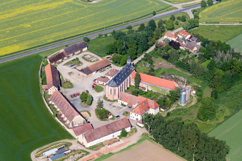 Aerial view of Buildings and parks at the mansion of the farmhouse mariaburghausen in Hassfurt in the state Bavaria, Germany