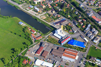 Port industrial estate with XXL-Automotive GmbH & Co. KG, BayWa AG Building Materials Haßfurt and Waterways and Shipping Authority Main - Outer District Haßfurt in Haßfurt in the state Bavaria, Germany