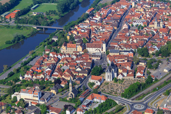 Upper suburb and main street with town hall, town hall Haßfurt, knight's chapel at the cemetery and hospital chapel Holy Spirit in Haßfurt in the state Bavaria, Germany