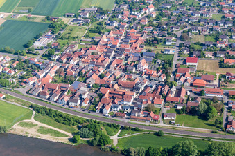 Aerial view of Village on the river bank areas of the Main river in Untertheres in the state Bavaria, Germany