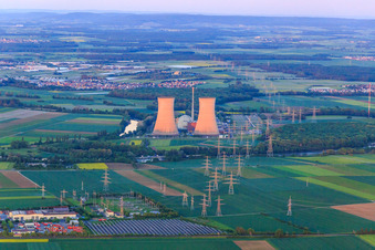Aerial view of Preussenelektra GmbH — Nuclear power plant Grafenrheinfeld on the Main at sunset in Grafenrheinfeld in the state Bavaria, Germany