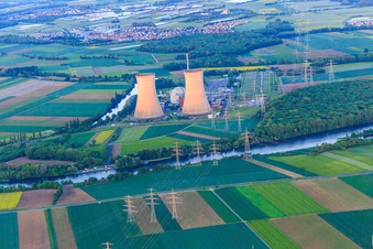 Oblique view of Preussenelektra GmbH — Nuclear power plant Grafenrheinfeld on the Main at sunset in Grafenrheinfeld in the state Bavaria, Germany