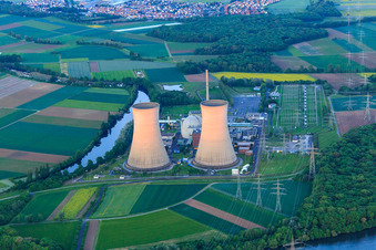 Preussenelektra GmbH — Nuclear power plant Grafenrheinfeld on the Main at sunset in Grafenrheinfeld in the state Bavaria, Germany from above