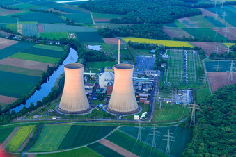 Preussenelektra GmbH — Nuclear power plant Grafenrheinfeld on the Main at sunset in Grafenrheinfeld in the state Bavaria, Germany out of the air