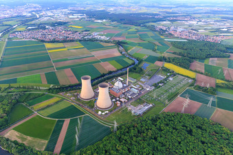 Preussenelektra GmbH — Nuclear power plant Grafenrheinfeld on the Main at sunset in Grafenrheinfeld in the state Bavaria, Germany viewn from the air