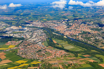 City view from the northeast in front of the industrial area Hafen Schweinfurt on the Main in Schweinfurt in the state Bavaria, Germany
