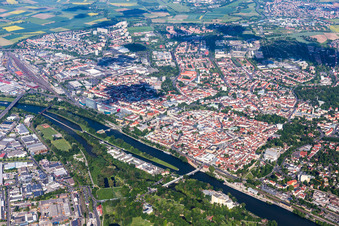 Aerial view of City view on the river bank of the Main river in Schweinfurt in the state Bavaria, Germany