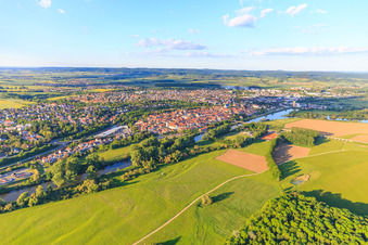 City view of the old town beyond the Main from the west in Haßfurt in the state Bavaria, Germany