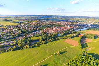 Aerial view of City view of the old town beyond the Main from the west in Haßfurt in the state Bavaria, Germany
