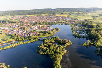 Village on the lake bank areas of Sander Baggersee in Sand am Main in the state Bavaria, Germany