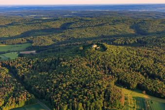Aerial view of Bramberg Castle Ruins in the district Hohnhausen in Burgpreppach in the state Bavaria, Germany