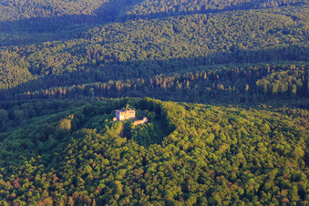 Aerial photograpy of Bramberg Castle Ruins in the district Hohnhausen in Burgpreppach in the state Bavaria, Germany