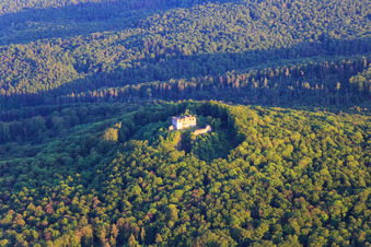 Oblique view of Bramberg Castle Ruins in the district Hohnhausen in Burgpreppach in the state Bavaria, Germany