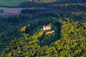 Bramberg Castle Ruins in the district Hohnhausen in Burgpreppach in the state Bavaria, Germany from above