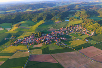 Aerial photograpy of Village view from the southwest in the district Goßmannsdorf in Hofheim in Unterfranken in the state Bavaria, Germany