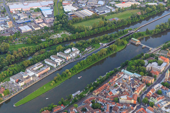 Main islands with run-of-river power plant / weir Schweinfurt, lock Schweinfurt, Diakonie - Main Island Care Center and Mercure Hotel Schweinfurt Main Island in Schweinfurt in the state Bavaria, Germany