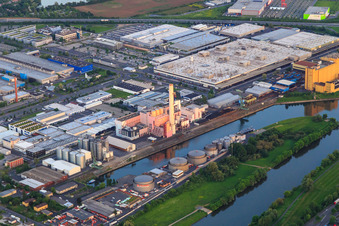 Overview of the Hafen-West industrial area at the Schweinfurt port from the north with GKS, ZF Friedrichshafen Plant South, Bosch Rexroth, SKF GmbH Plant 3 and ML Lubrication GmbH in Schweinfurt in the state Bavaria, Germany