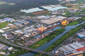 Aerial view of Overview of the Hafen-West industrial area at the Schweinfurt port from the north with GKS, ZF Friedrichshafen Plant South, Bosch Rexroth, SKF GmbH Plant 3 and ML Lubrication GmbH in Schweinfurt in the state Bavaria, Germany