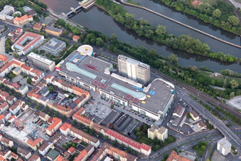 Aerial photograpy of Building of the shopping center Stadtgalerie Schweinfurt and SKF Hochhaus in Schweinfurt in the state Bavaria, Germany