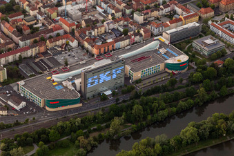 Oblique view of Building of the shopping center Stadtgalerie Schweinfurt and SKF Hochhaus in Schweinfurt in the state Bavaria, Germany
