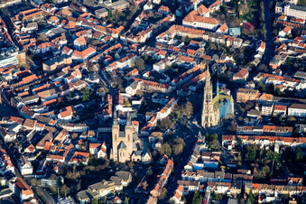 Aerial view of Memorial Church of the Protestation and St. Joseph Church in Speyer in the state Rhineland-Palatinate, Germany
