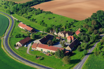 Aerial view of Farmstead in the Mainauen in the district Theilheim in Waigolshausen in the state Bavaria, Germany