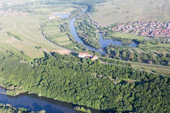Aerial view of Mainhang at the Vogelsburg and Church of the Protection of Mary in the district Escherndorf in Volkach in the state Bavaria, Germany