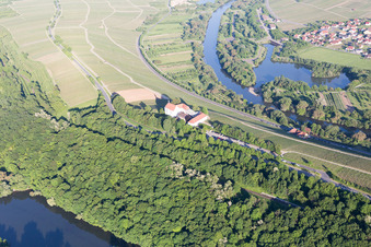 Aerial photograpy of Mainhang at the Vogelsburg and Church of the Protection of Mary in the district Escherndorf in Volkach in the state Bavaria, Germany
