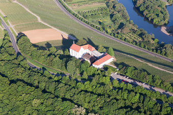 Oblique view of Mainhang at the Vogelsburg and Church of the Protection of Mary in the district Escherndorf in Volkach in the state Bavaria, Germany