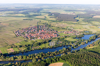 Aerial photograpy of Village on the river bank areas of Main-Aue in Sommerach in the state Bavaria, Germany