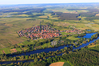 Village view beyond the Main with Camping Katzenkopf in Sommerach in the state Bavaria, Germany