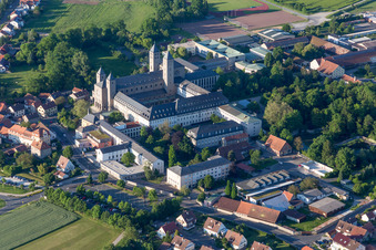 Aerial view of Complex of buildings of the monastery Abtei Muensterschwarzach in Schwarzach am Main in the state Bavaria, Germany
