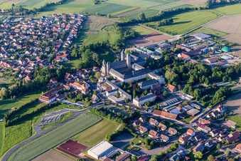 Aerial photograpy of Complex of buildings of the monastery Abtei Muensterschwarzach in Schwarzach am Main in the state Bavaria, Germany