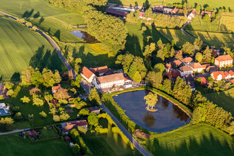 Aerial view of Manson at the Shore areas of the ponds in the district Rehweiler in Geiselwind in the state Bavaria, Germany