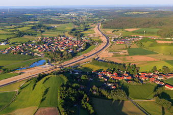 View of the town on the A3 from the west in the district Langenberg in Geiselwind in the state Bavaria, Germany
