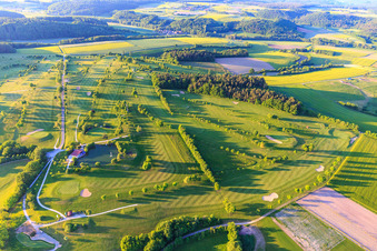 Aerial photograpy of Golf course Geiselwind of the Steigerwald Golf Club e. V. with house on the lake in Geiselwind in the state Bavaria, Germany
